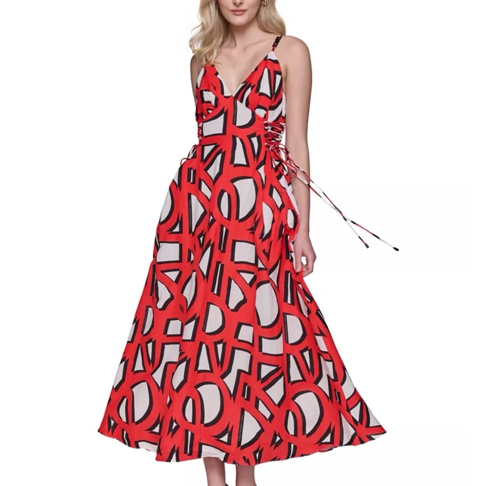 Karl Lagerfield Paris Red & White Graphic Print Summer Maxi Linen Dress Sz. 16